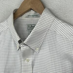 LL BEAN Shirt Mens 16.5 32 Wrinkle Resistant Pinpoint Oxford Dress Check White